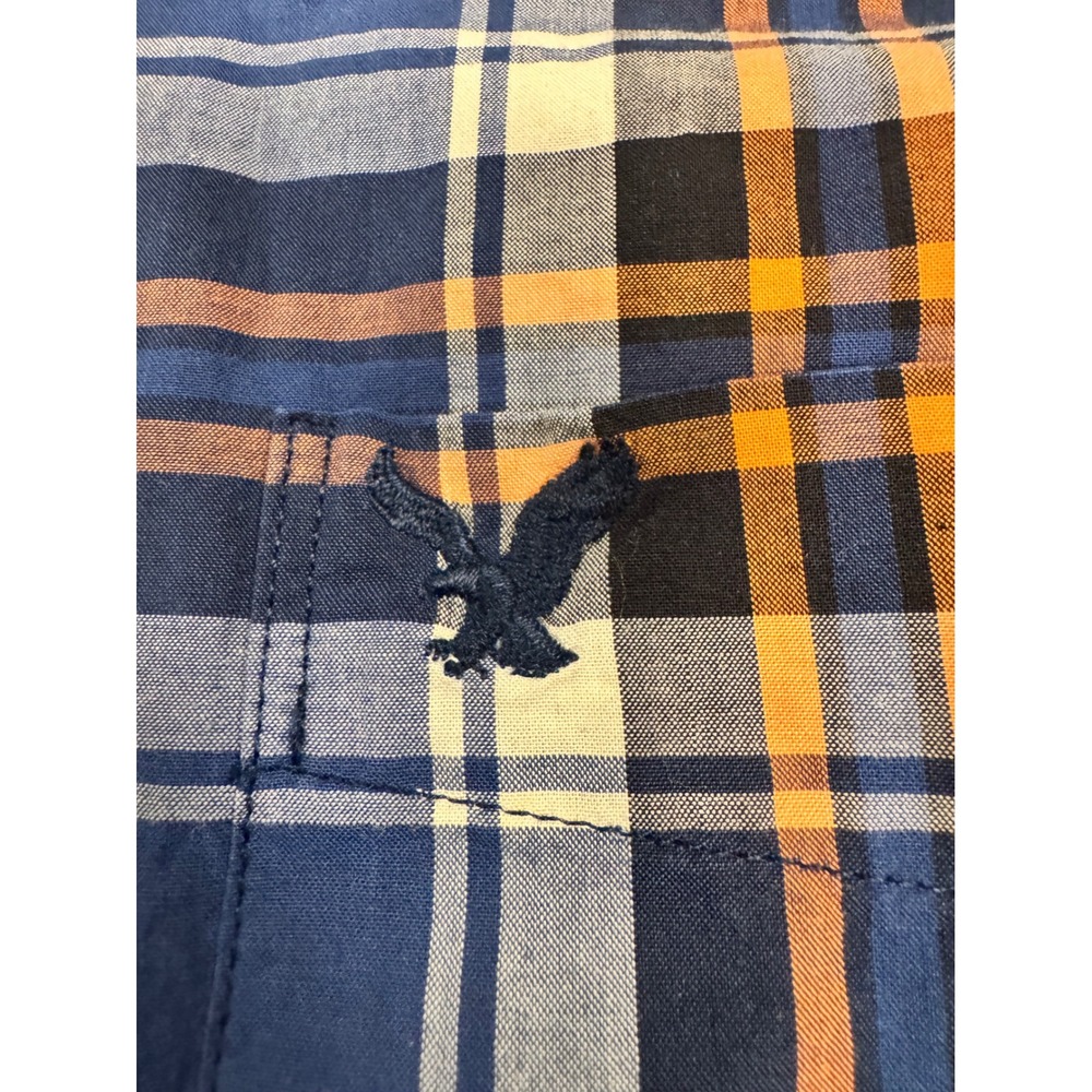 American Eagle Mens XXL Classic Fit Plaid Button Down Shirt Navy Blue Orange - Picture 3 of 6